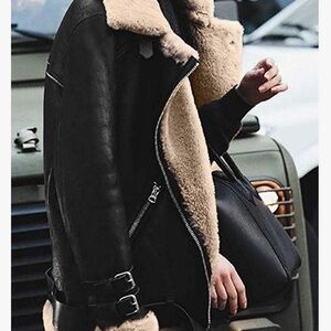Women Winter Sherpa Lined Coat   Lapel Faux Suede Leather Biker Motor